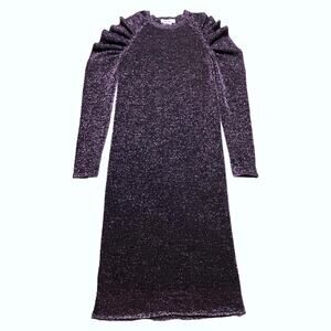 Circus Hotel Metallic Lurex Knit Purple Puff Sleeve Midi Dress 38 IT 2 US